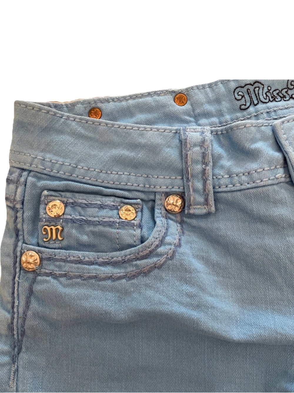 Miss Me Jeans Shorts 27, JS5014H53 Washed Sky Blue Low Rise Studded Crystals Y2K - Picture 10 of 13